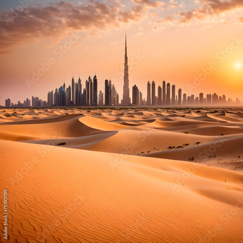 An AI-generated scene unfolds: the majestic Dubai skyline silhouetted against the mesmerizing hues of a desert sunset, capturing the essence of modernity and tradition in perfect harmony
