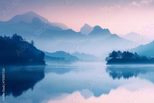 Serene Tranquility, Chinese, mountain range, dawn, pastel colors