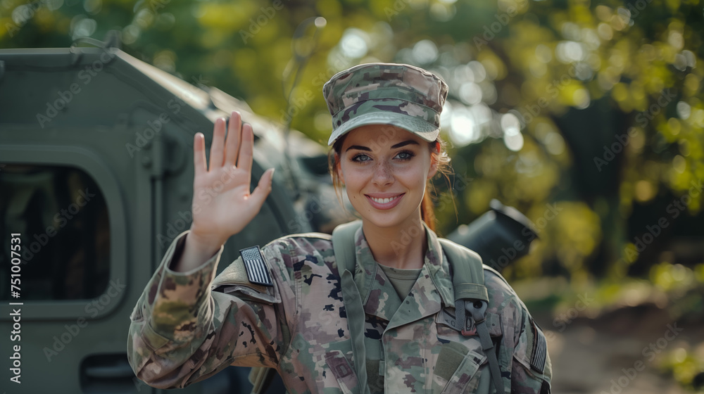 Woman soldier smiling and waving at the camera