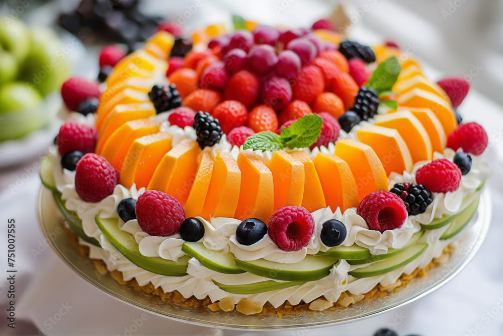 A colorful fruit cake topped with slices of fresh fruits and berries on a glass plate. A colorful fruit cake topped with slices of fresh fruits and berries on a glass plate.