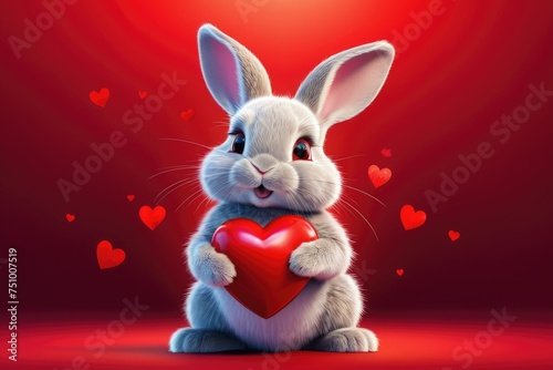 Valentine's Day greeting card concept featuring a bunny clutching a vibrant red heart, set against a striking isolated crimson backdrop, illustration, soft focused edges
