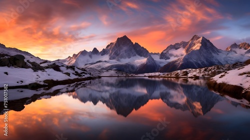 Beautiful panorama of the mountain lake in the mountains at sunset © Iman