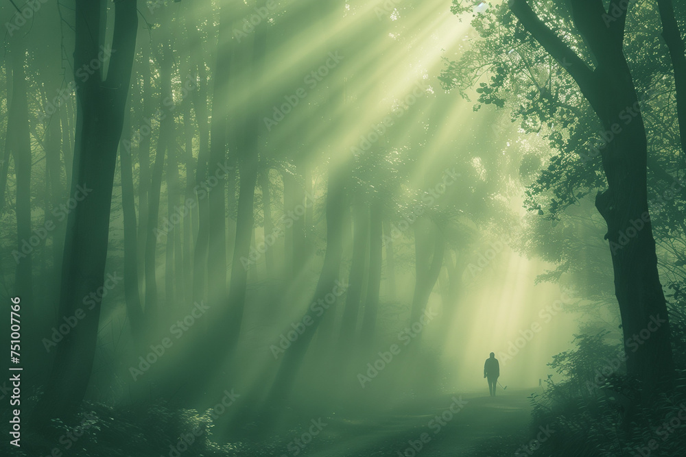 Enigmatic Figure Walking Through a Sunlit Misty Forest Pathway - A Study of Solitude and Nature's Serenity