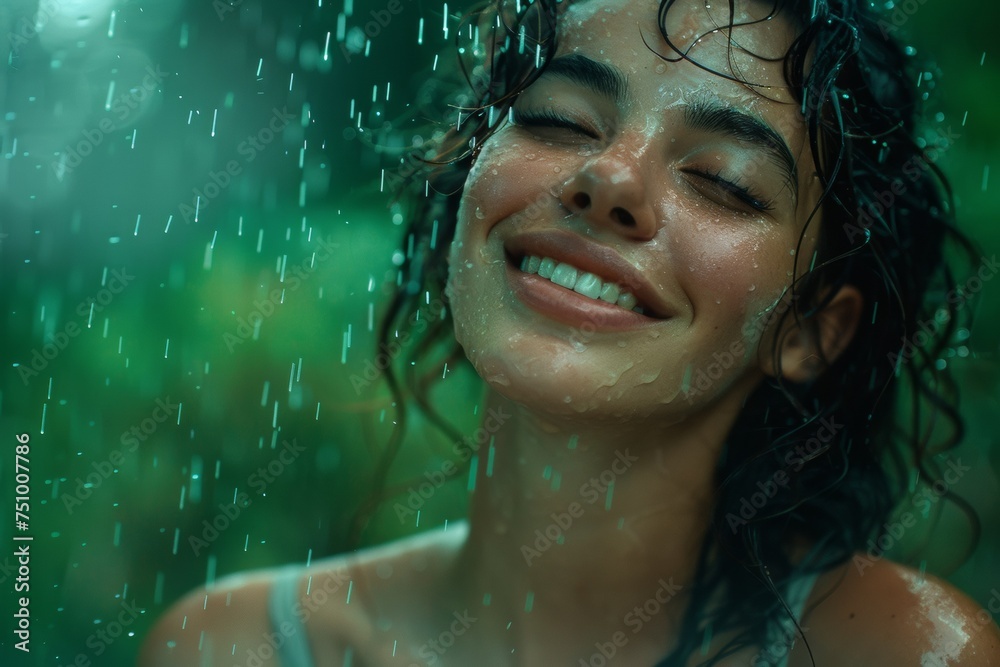 Smiling Woman in Rain Green Background