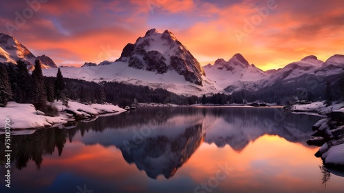 Panoramic view of snowy mountains reflected in a lake at sunset #751007701