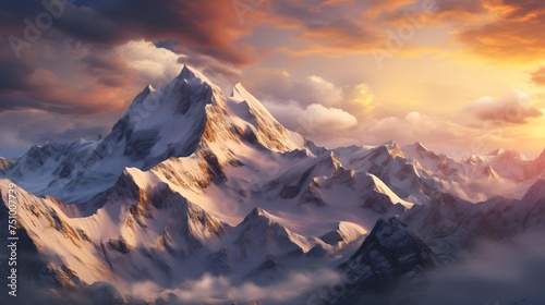 Panoramic view of snowy mountains at sunset. 3D Rendering