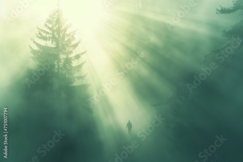 Solitary Wanderer in a Mystical Mist-Filled Forest at Dawn