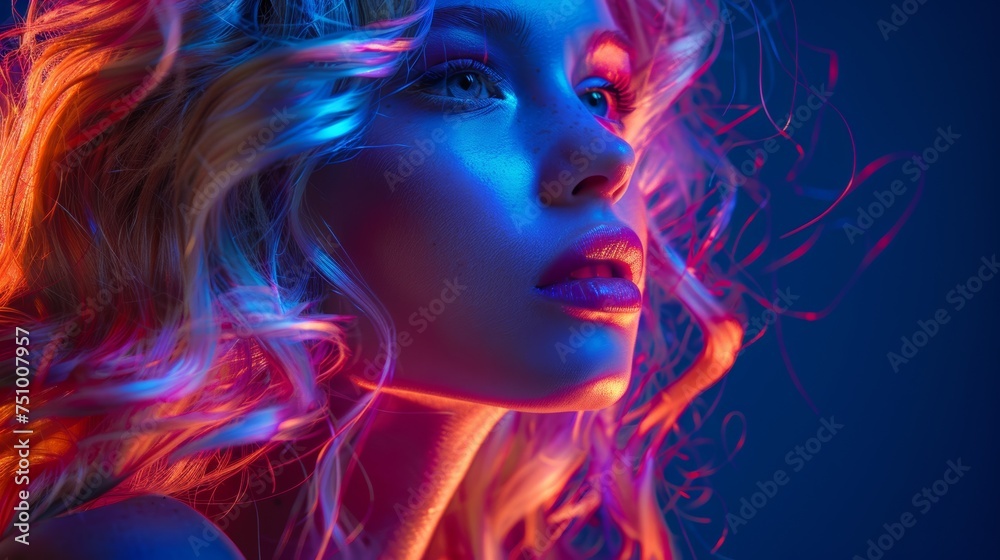 Blonde Woman in Neon Lighting Blue Background