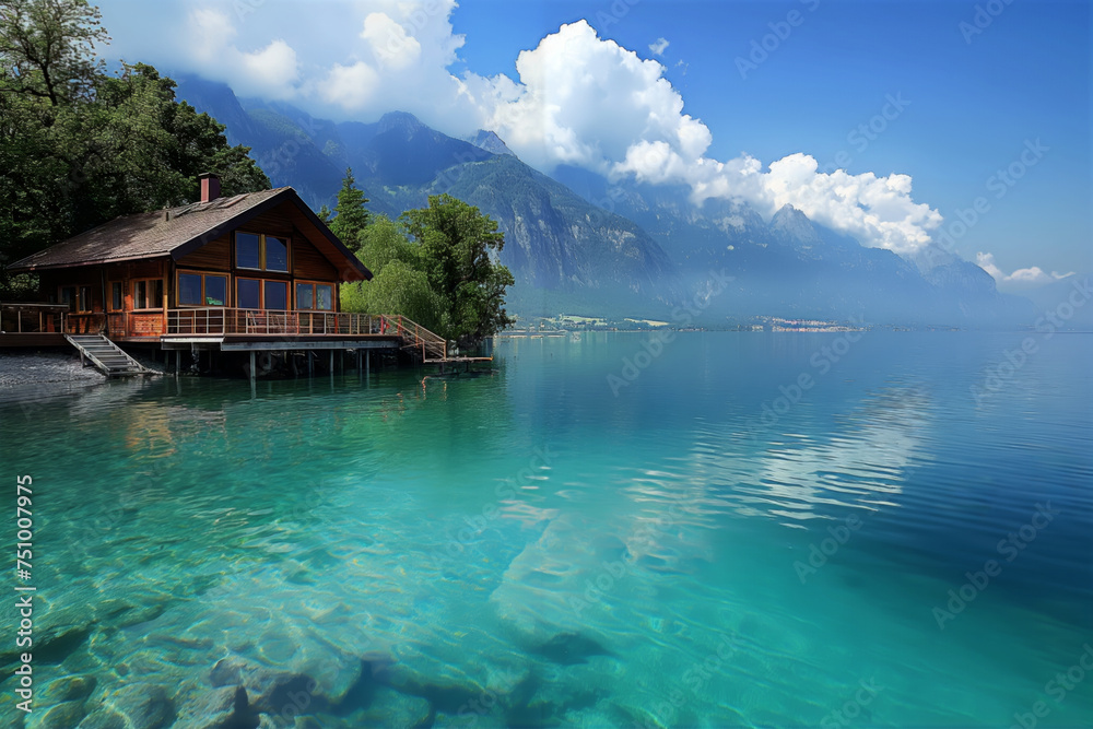 A wooden lake house on clear turquoise waters with mountains in the background under a blue sky.