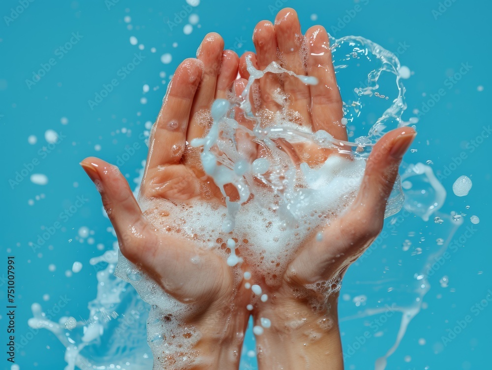 Fototapeta premium Hands washing with soap blue background