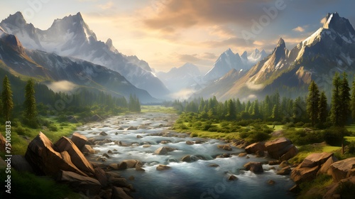 Beautiful panoramic landscape of a mountain river at sunset.