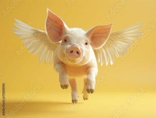 Winged Pig Flying Yellow Background