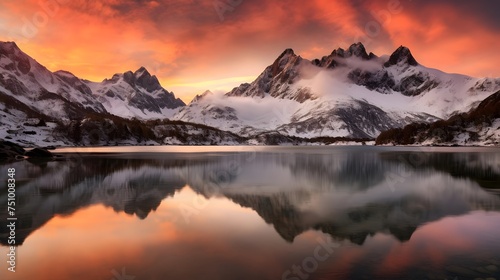 Mountain lake in the Alps at sunset. Panoramic view