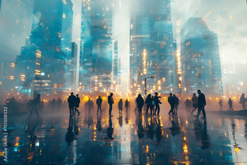 Creative portrayal of cityscape with people silhouettes