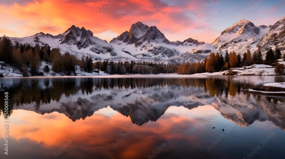 Panoramic view of snow-capped mountains reflected in a lake at sunset