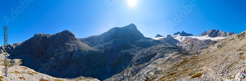 Beautiful panorama of the Dachstein Mountains with hiking trails © Trambitski