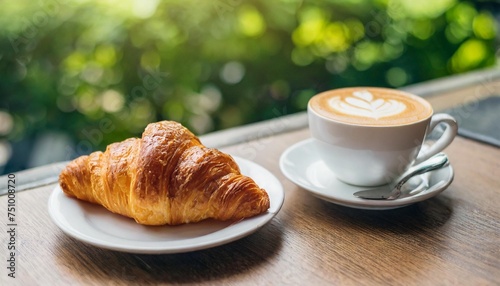 a small delicious sweet breakfast or snack at a cafe in the city crispy butter croissant and a cup of milky cappuccino coffee or flat white latte