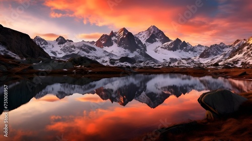 Panoramic view of snowy mountains at sunset with reflection of clouds