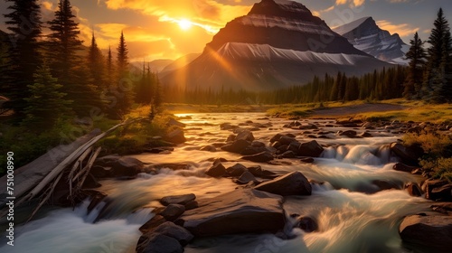 Mountain river at sunset, Banff National Park, Alberta, Canada