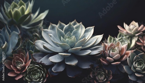 succulent isolated on dark background border floral banner cover header with copy space natural flowers wallpaper or greeting card