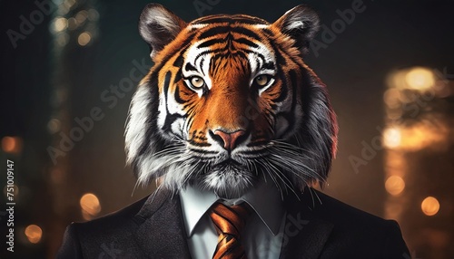 a tiger in a classic costume a businessman with the head of a tiger a feline predator