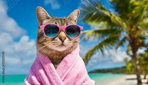 closeup portrait of cool posed cat wearing pink bathrobe with sunglasses on with tropical background