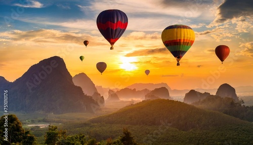 dramatic panorama of mountain with hotr balloons at sunset thailand