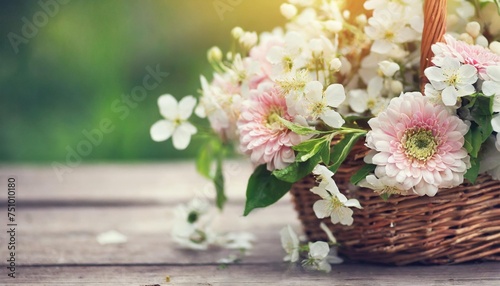 delicate blooming light springtime flowers in basket spring blossoming floral festive background bouquets floral card selective focus shallow dof