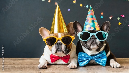 celebration birthday sylvester new year s eve party funny animal banner greeting card bulldog dog with party hat outfit sunglasses suit and bow tie isolated on black table background
