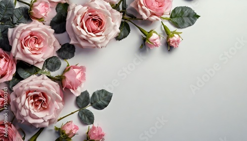 flowers composition frame made of pink rose flowers on white background flat lay top view copy space © Raymond