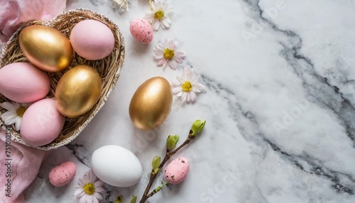 easter background with easter pink and white with gold eggs on marble background with space for text