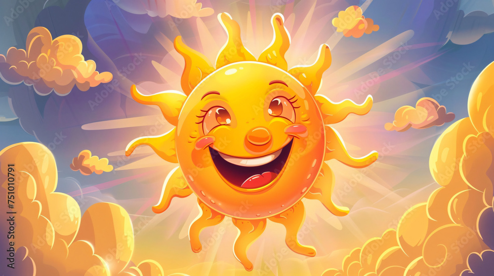 Cartoon funny emotional smiling sun in the sky