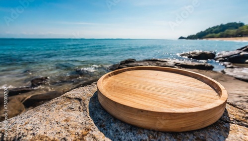empty wooden round tray on a rock with the beach background in the morning selective focus high quality photo © Raymond