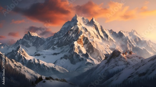 Panoramic view of the snowy peaks of the Caucasus mountains at sunset photo