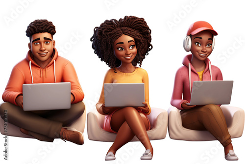Afro university students with laptop, illustration style, isolated on white background cutout.