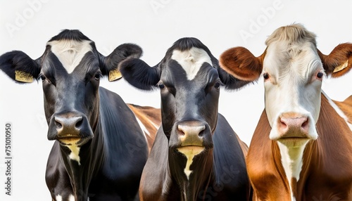 collection of three cow portraits in different colours black brown white isolated on white background as transparent png animal bundle © Raymond
