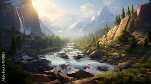 Beautiful panoramic view of the mountain river in the morning