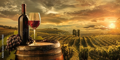 Glass of red wine and bottle, on a wine barrel. Vineyard background
