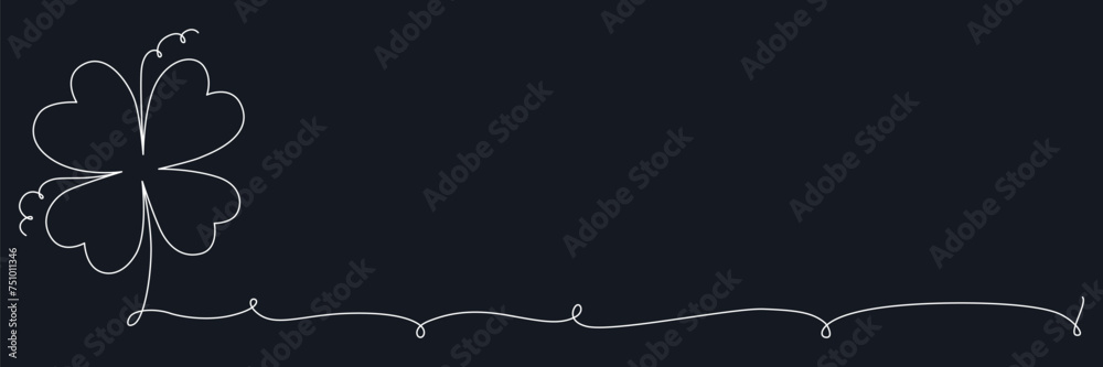 Clover flower banner for Saint Patrick day - good lucky symbol, single line. Vector stock minimalism illustration isolated on black background for design template invitation frame. Editable stroke Clover flower banner for Saint Patrick day - good lucky symbol, single line. Vector stock minimalism illustration isolated on black background for design template invitation frame. Editable stroke