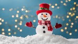 snowman wearing red pot as a hat scarf and gloves standing in a pile of snow on blue background