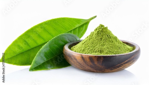green tea leaf and matcha powder isolated on white background