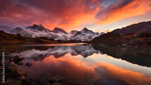 Mountain lake panorama with reflection of clouds and mountains at sunset