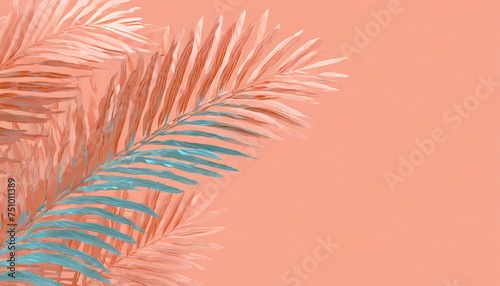 coral summer background with copy space 3d illustration of tropical palm branch in pastel colors