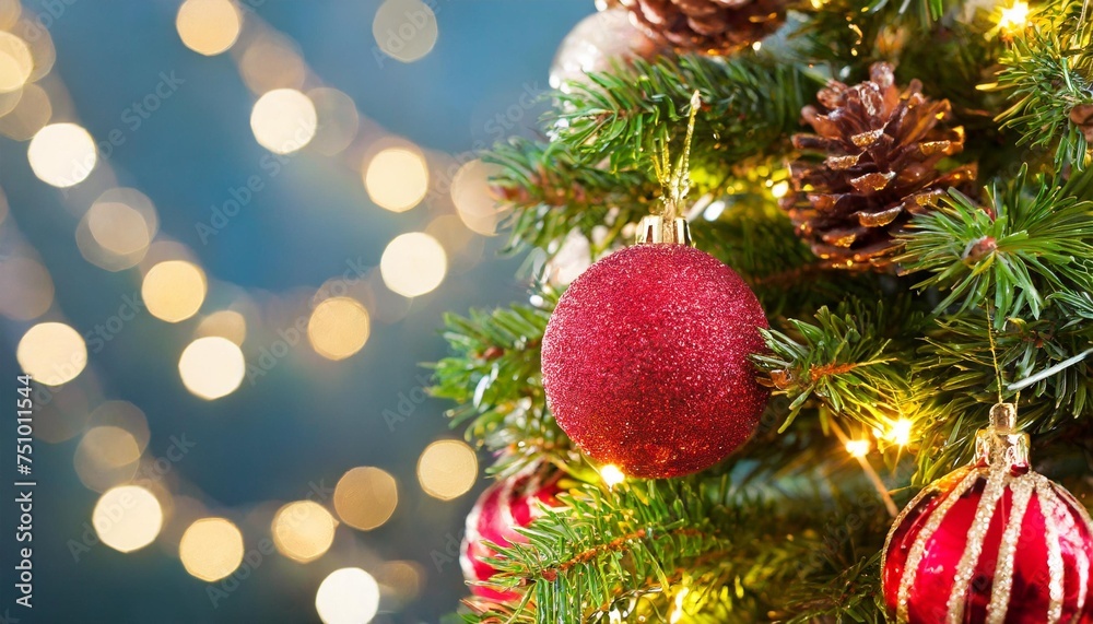 closeup of christmas tree with decoration created with