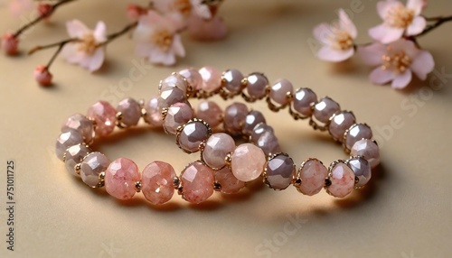 two bracelets made of natural pink quartz stones beads isolated on pastel beige background handmade jewelry woman exoteric accessories talismans and amulets selective focus