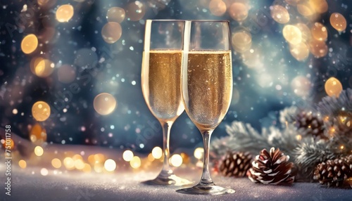two glasses with sparkling wine champagne on a festive winter holiday background bokeh lights