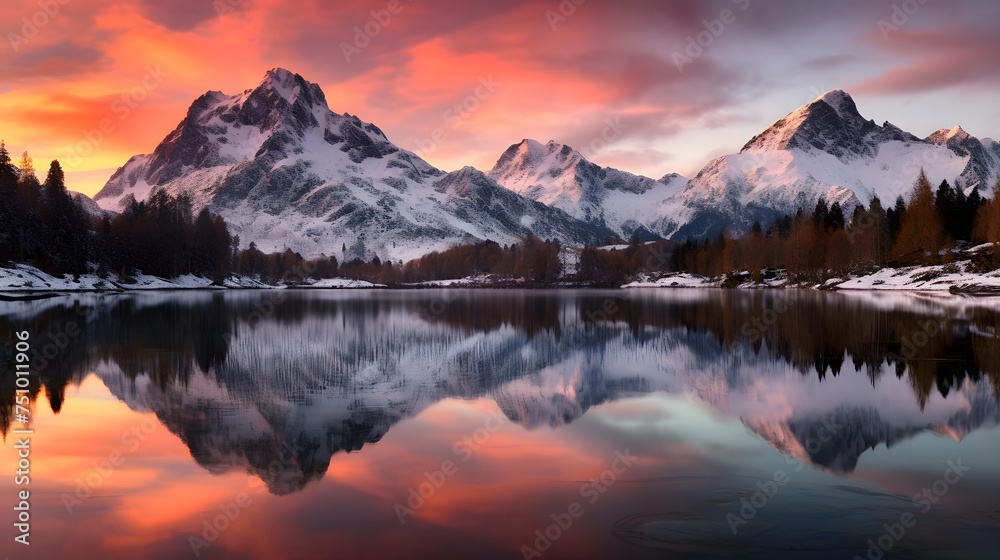 Panoramic view of snowy mountains reflected in the lake at sunset