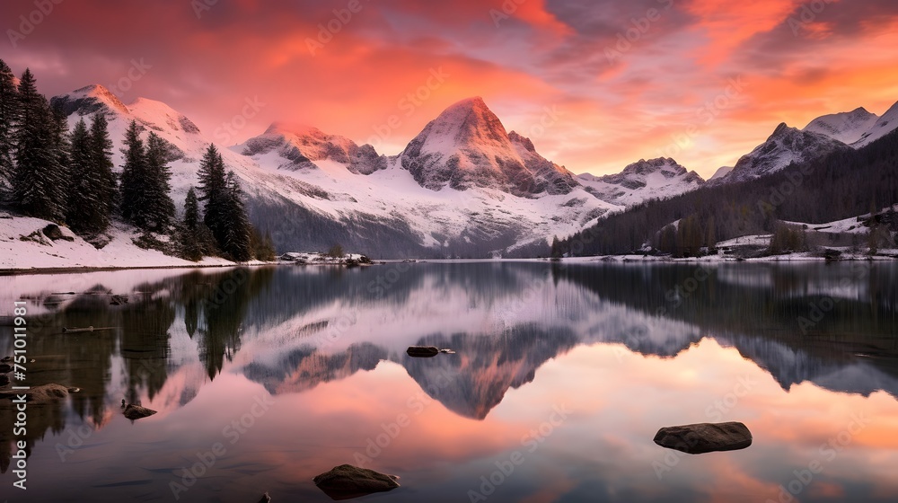 Panoramic view of snow covered mountains and lake at sunset.