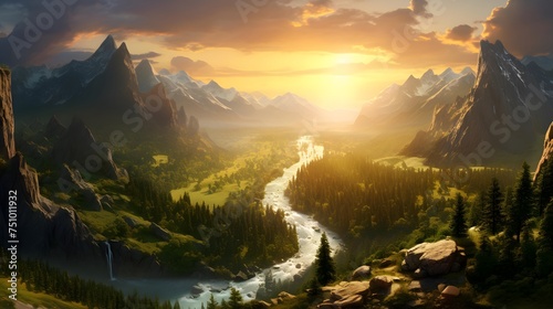 Panoramic view of the mountain river and forest at sunrise.