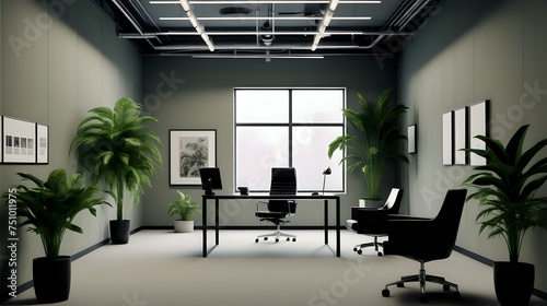  A stylish and modern office interior, illuminated by natural light from a large window, and decorated with lush green plants and monochromatic artwork, creating a sophisticated and tranquil workspace